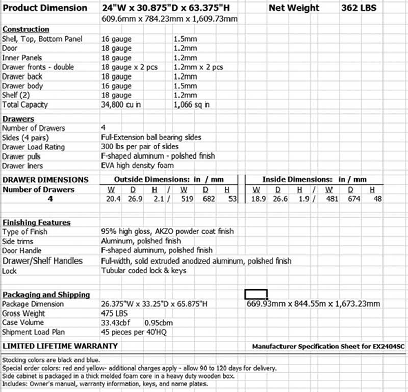EX2404 Side Cabinet Toolbox Specifications